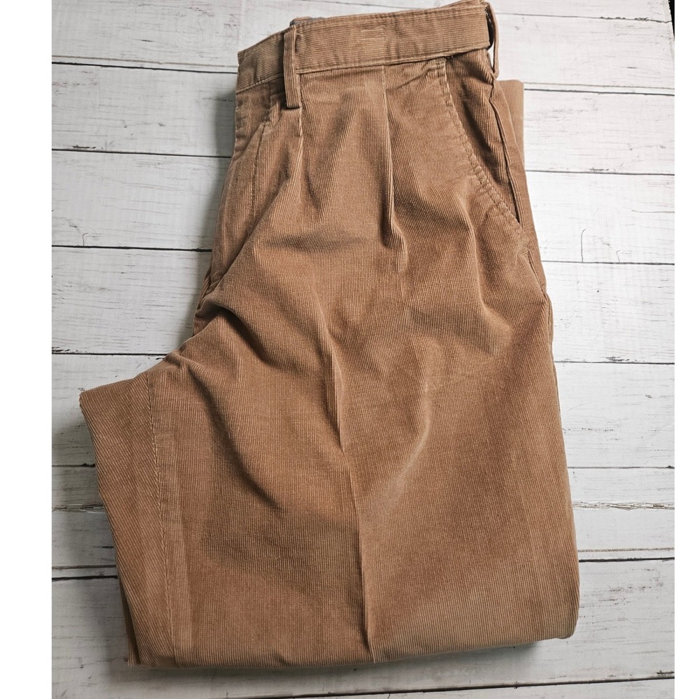 Lands' End Mens 37 Traditional Corduroy Pleated Pants Tan Brown Stretch Waist